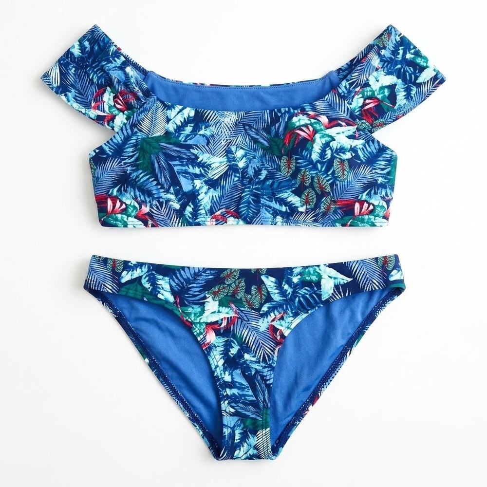 Cikada Australia Off Shoulder Bikini Set Blue Tropical Floral Swim Womens US 8